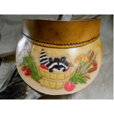 VISOR LEATHER  RACCOON IN BASKET  hand carved and crafted.   eb-24891281
